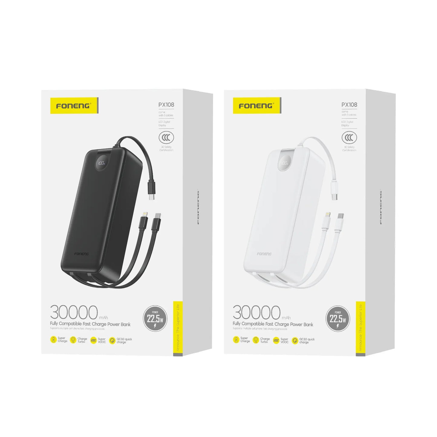POWER BANK PX108 DE 30000 MAH CON 3 CABLES INTEGRADOS (22,5 W)
